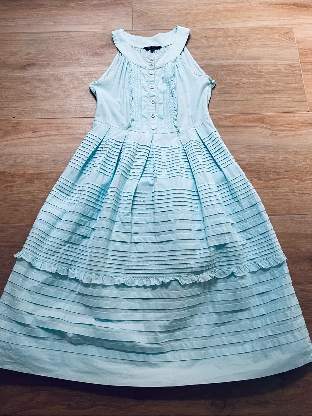 Tara Jarmon Aquamarine Pintuck Cotton Dress FR 36 US 4 Fit & Flare Side Zip